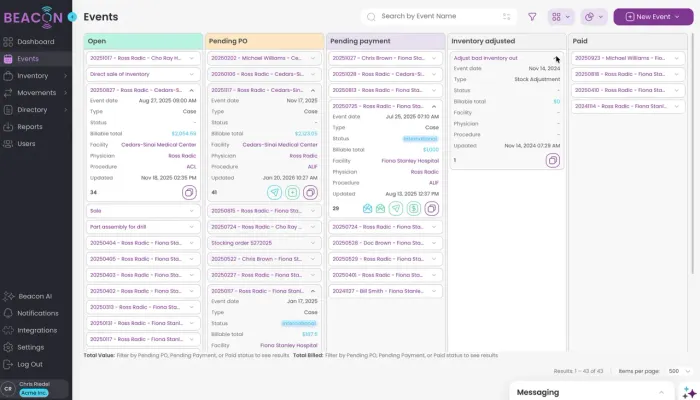 Beacon events view showing surgical case scheduling and status tracking