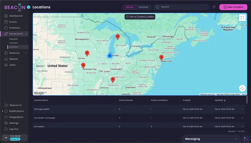 Beacon mobile app and web dashboard showing medical device inventory management