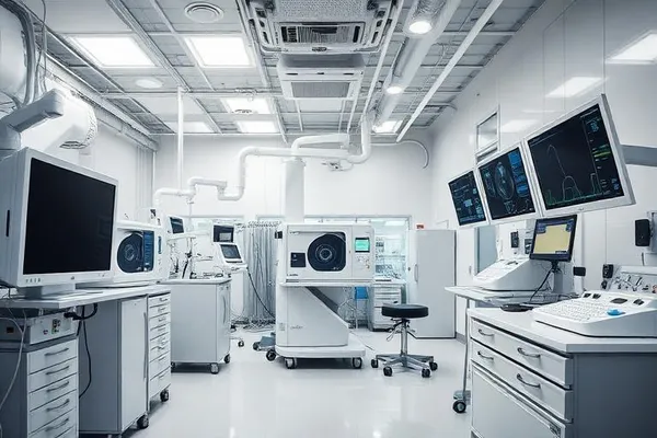 Medical device manufacturing clean room with workers inspecting instruments